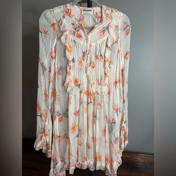 Zadig & Voltaire Cream Floral Pintuck Ruffle Long-Sleeve Dress - Picture 2 of 7